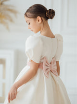 Modest flower girl dress with short puff sleeves