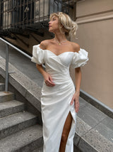 Puff sleeve ruched wedding dress in satin