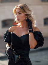 Lace up ruched evening dress in black