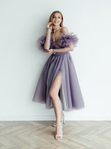 Lace up corset tulle coctail dress with beaded pull on sleeves