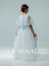 light blue modest flower girl dress with French lace capelet