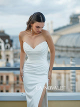 form fitting satin bridal gown with cat eye neck