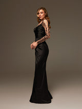 Asymmetric Neck Long Sleeve Evening Gown in Black