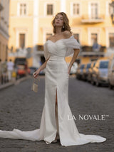 modern off-the-shoulder sheath satin wedding dress