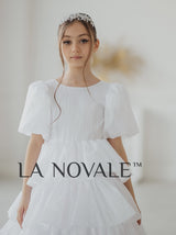 Girls ceremony dress with detachable high low tiered skirt