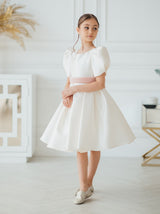 Modest flower girl dress with short puff sleeves