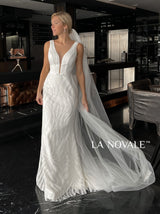 Simple Plunge neck sheath wedding dress