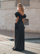Lace up ruched evening dress in black