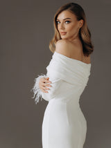 Bardot neck pencil wedding dress with full sleeves