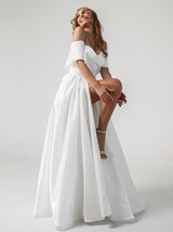 Off shoulder A-line brocade wedding dress