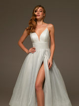 Ballerina Length Lace Up Evening Dress with Waist Panel