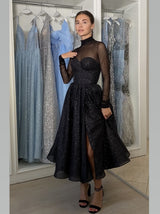 Sparkle evening dress with high neck sheer top