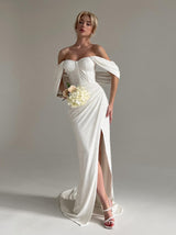 off shoulder corset ruched wedding dress