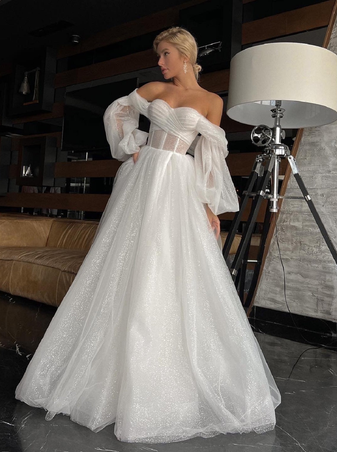 Sparkle wedding dress with pull on puff sleeves La Novale Atelier Sparkle wedding dress with pull on puff sleeves La Novale Atelier