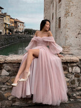 Off shoulder bustier evening dress long sleeved