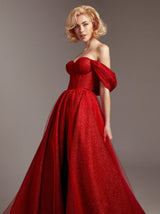 Sparkle Off shoulder corset evening dress in red