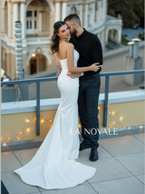 form fitting satin bridal gown with cat eye neck