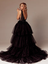Tiered skirt illusion evening gown in black