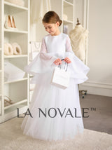 True white flower girl dress for church wedding