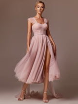 Tie shoulder tea length coctail dress in tulle