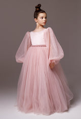 Balloon Sleeve blush Flower girl ball gown dress with beads