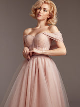 off shoulder tulle formal occasion dress