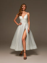 Ballerina Length Lace Up Evening Dress with Waist Panel