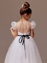 Puff sleeve short flower girl dress with pearls