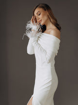 Bardot neck pencil wedding dress with full sleeves