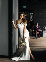 Off shoulder crepe wedding dress with pull on sleeves