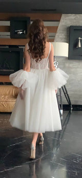 Beaded corset shimmering lace midi wedding dress