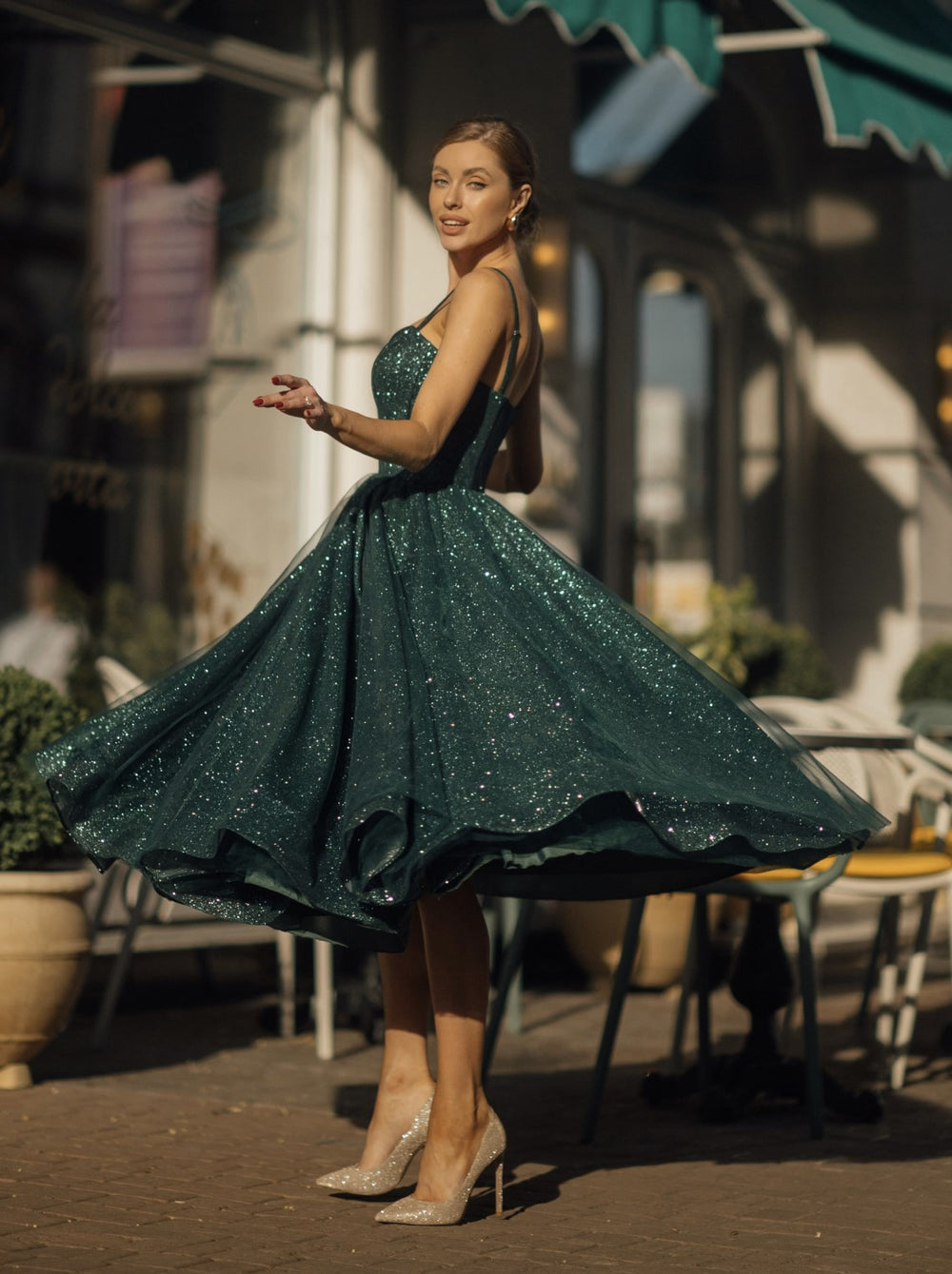1950s inspired sparkle swing dress in emerald green  La Novale Atelier