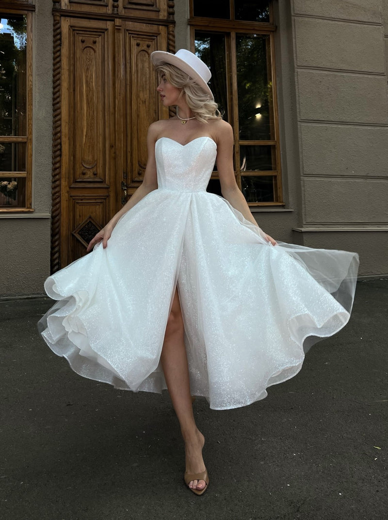 1950s inspired tea length sparkle wedding dress La Novale Atelier 1950s inspired tea length sparkle wedding dress La Novale Atelier