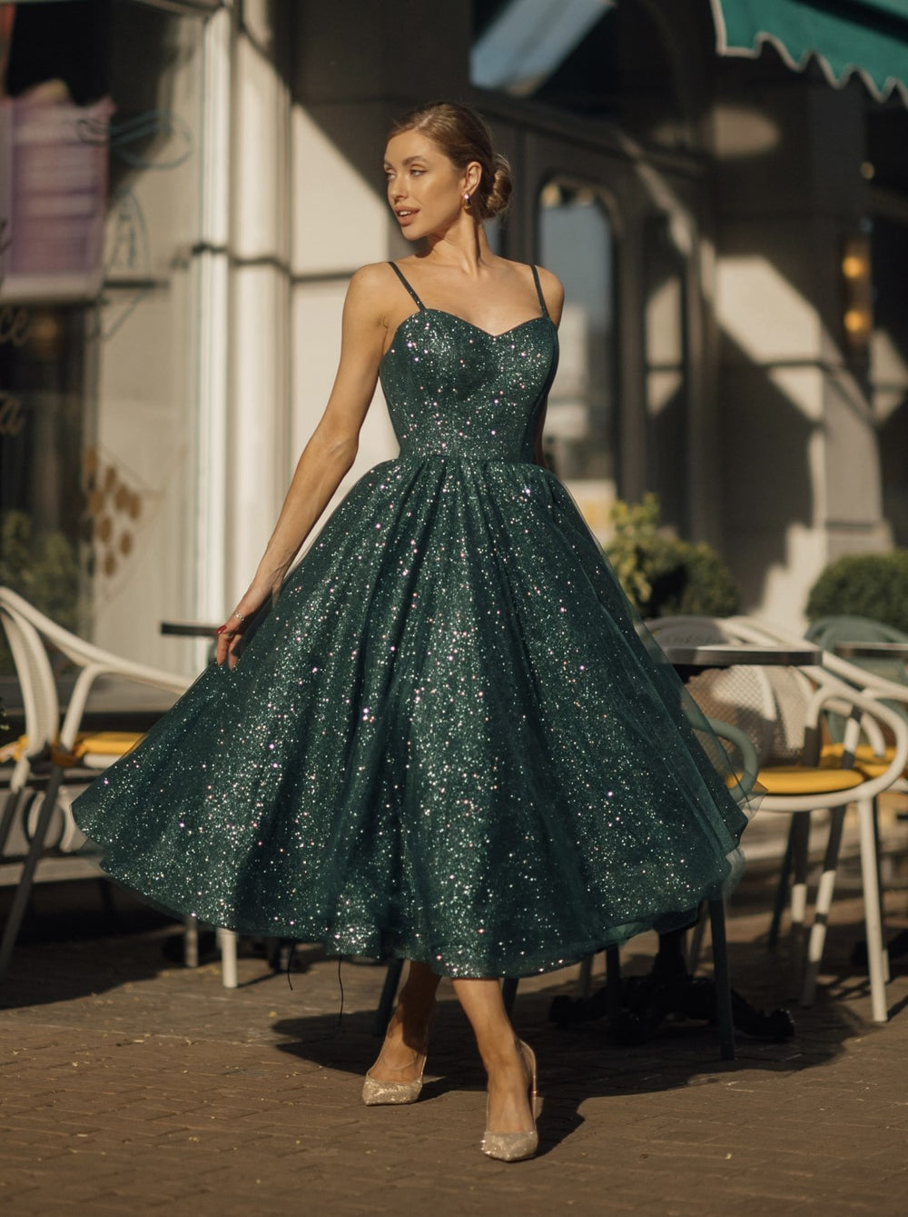 50s evening dress 1950s inspired sparkle swing in emerald green – La Novale Atelier Size:42W X 30L fall and winter As Is Gold Mother Of The