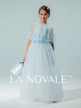 light blue modest flower girl dress with French lace capelet