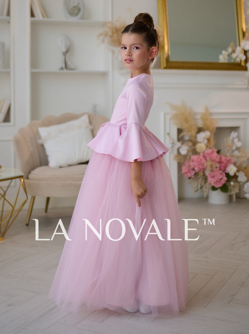 Graceful 3/4 sleeve pale pink formal dress for girls with peplum skirt