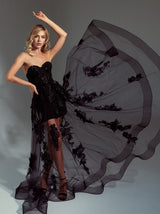 corset evening dress with sheer detachable overskirt