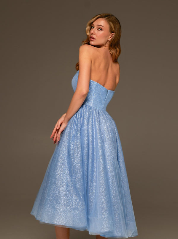 Steel Blue Strapless Prom Dress with Midi Full Skirt
