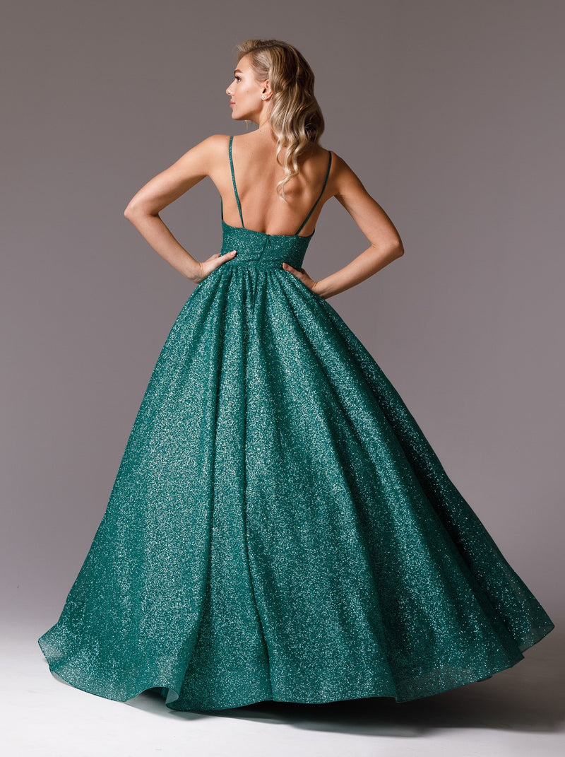 Emerald glitter prom ball gown dress with pockets