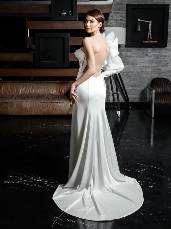 One shoulder backless satin wedding dress