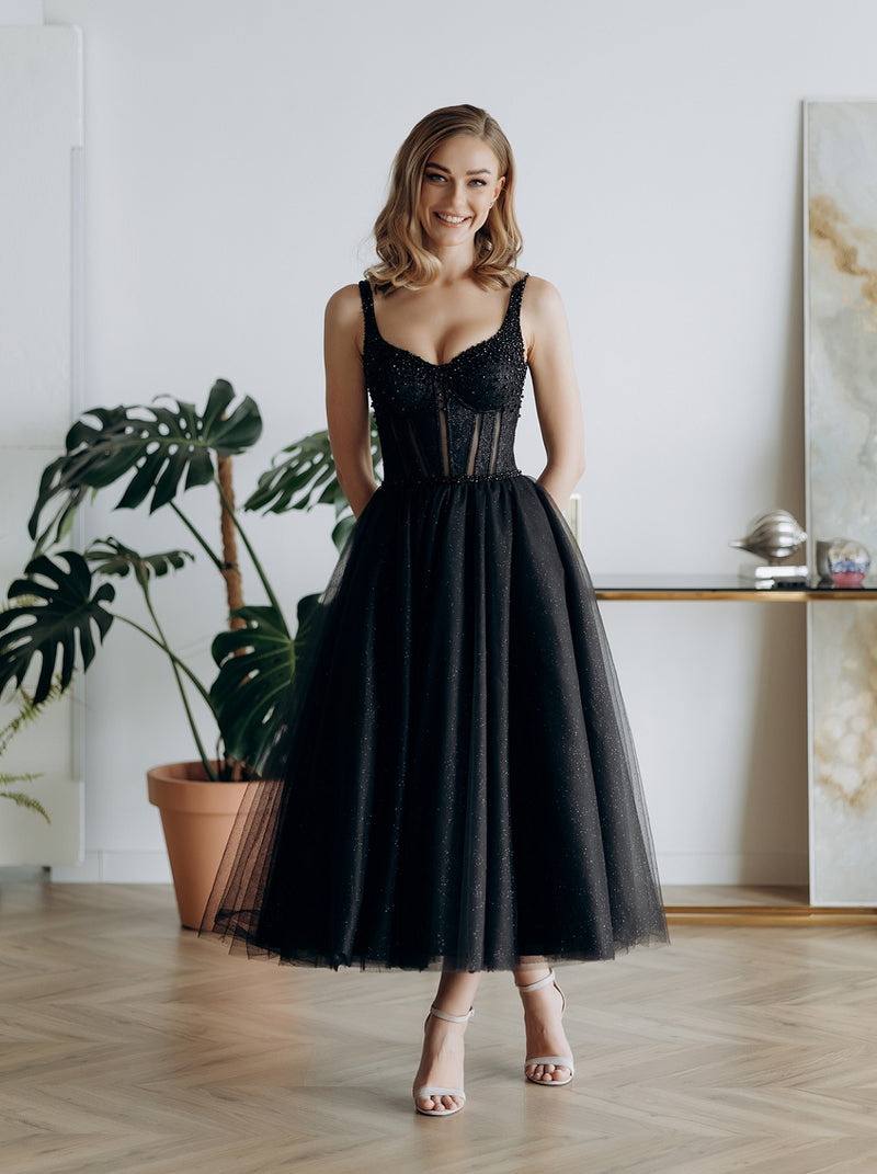 Black sparkle corset evening dress with rhinestone trim – La Novale Atelier