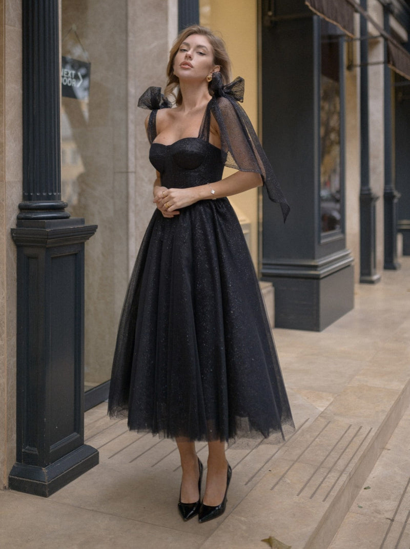Tie strap formal event ballerina dress in black La Novale Atelier Tie strap formal event ballerina dress in black La Novale Atelier