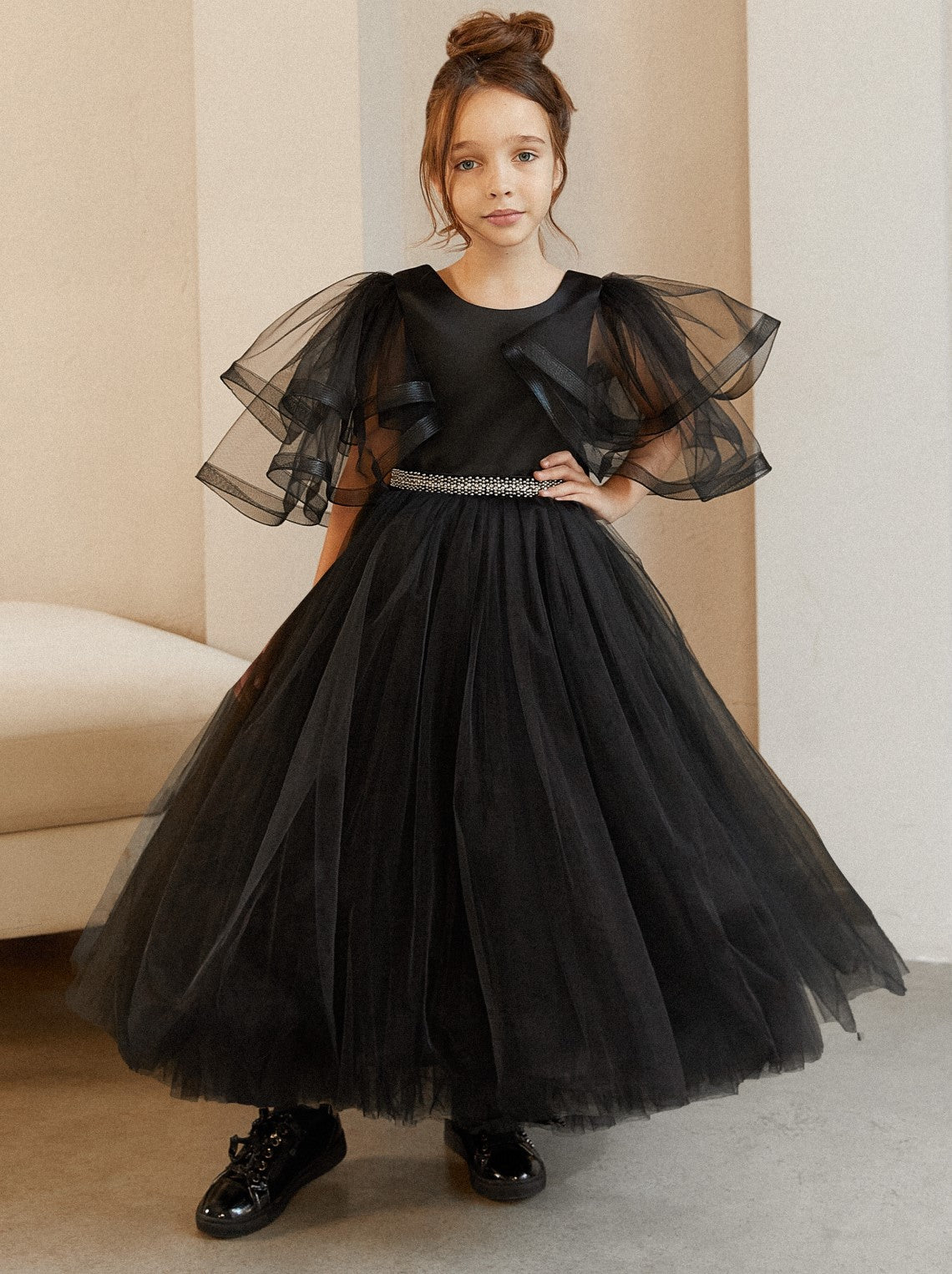 Gothic flower girl dress with rhinestone sash – La Novale Atelier