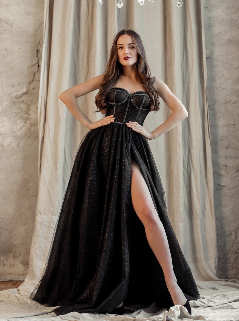 Black sparkle corset evening dress with rhinestone trim