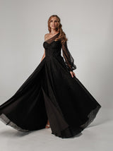 One shoulder sparkle black evening dress