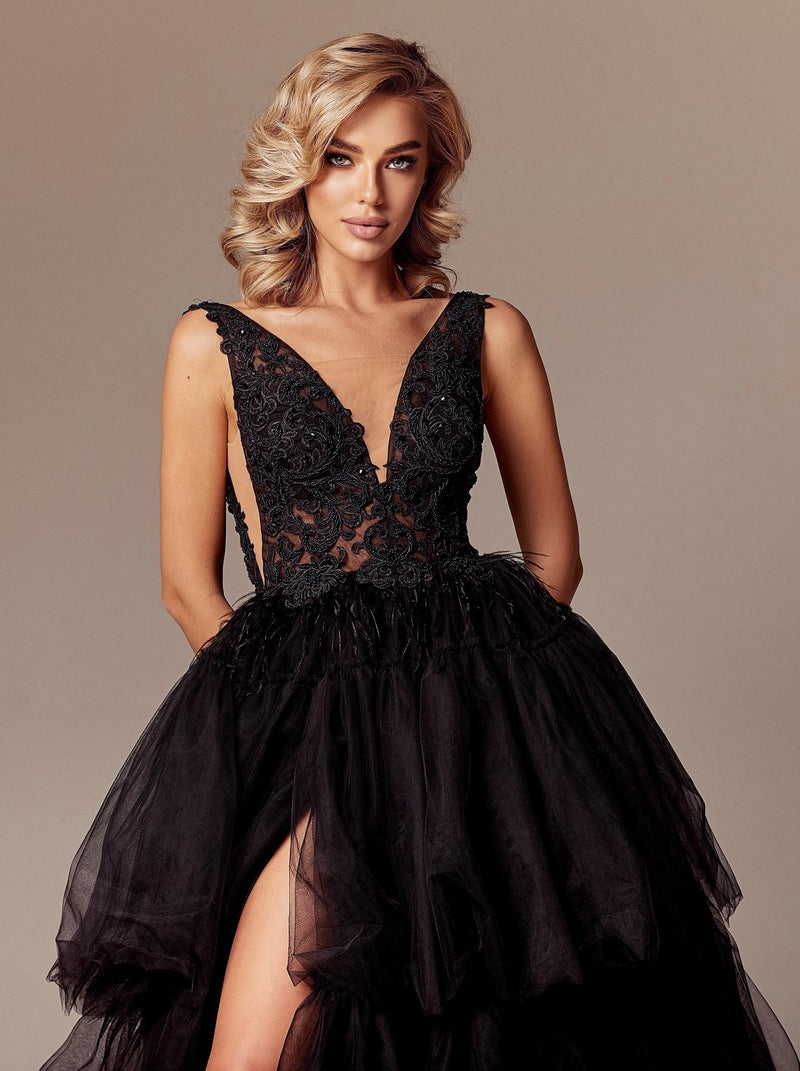 Tiered skirt illusion evening gown in black