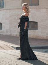 Lace up ruched evening dress in black