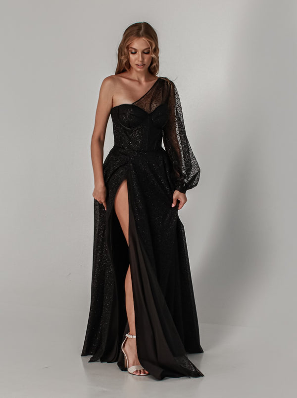 One shoulder sparkle black evening dress