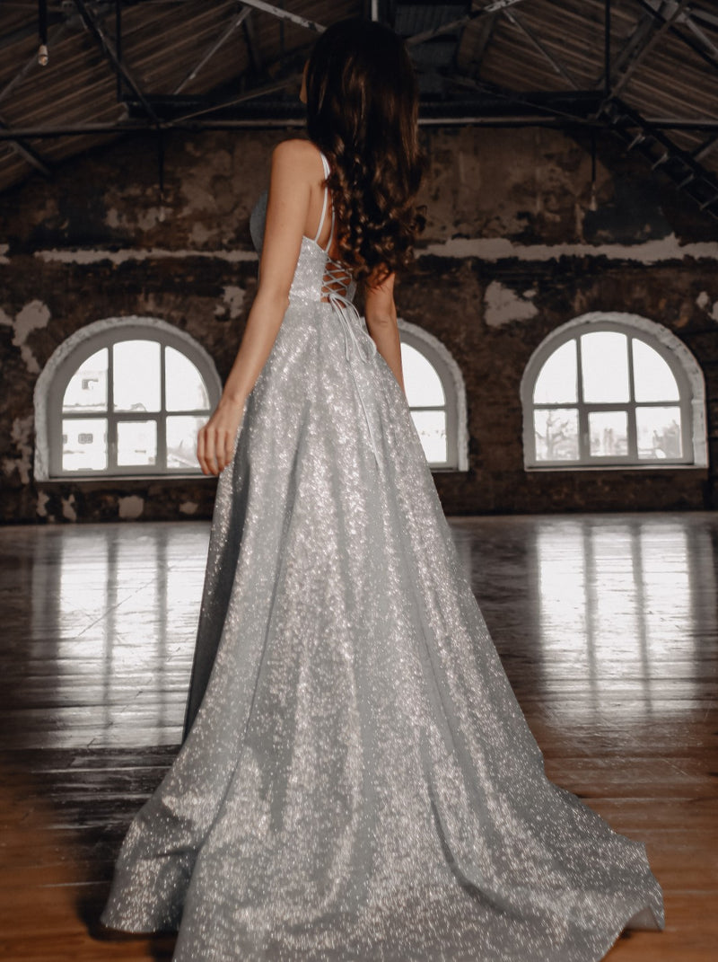 panel waist sparkle prom dress