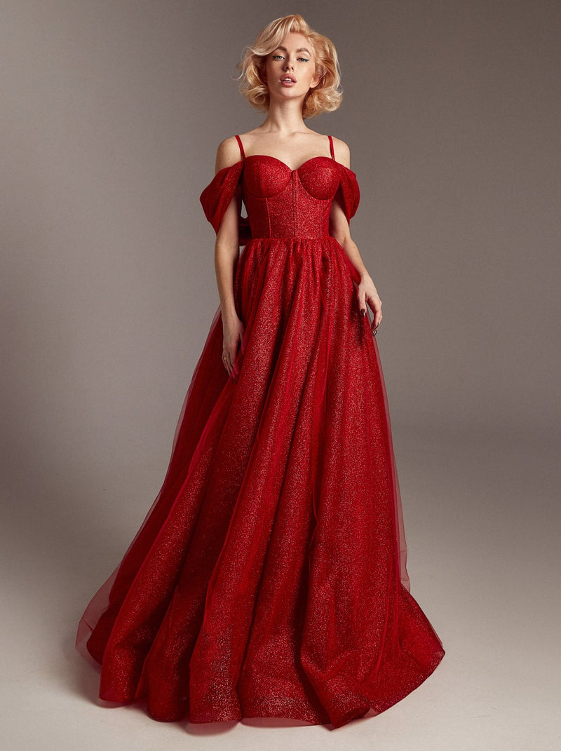 Sparkle Off shoulder corset evening dress in red